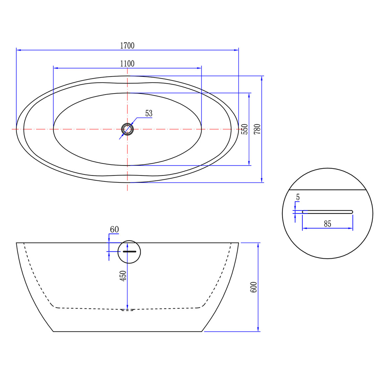 Wiesbaden Oval Vrijstaand Ligbad Acryl Mat Wit 170cm